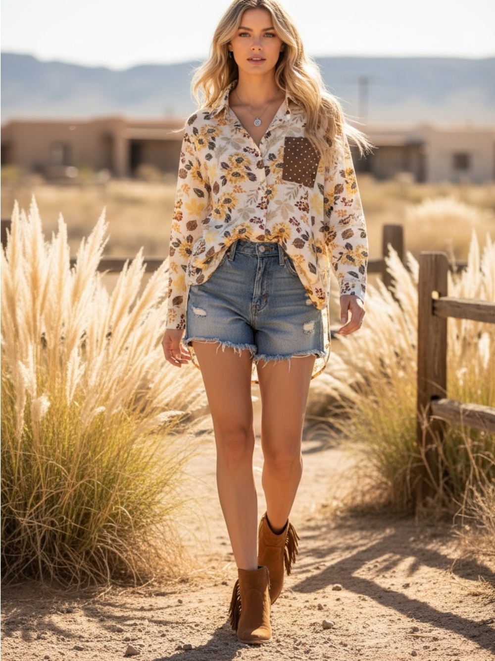 Jaded Gypsy OS Floral Button-Up Shirt - Cream, Yellow, Brown